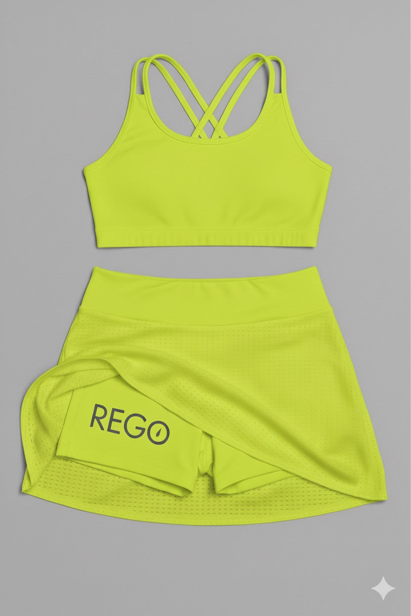 KIT Top doble tirante + Falda Short Amarillo Neón
