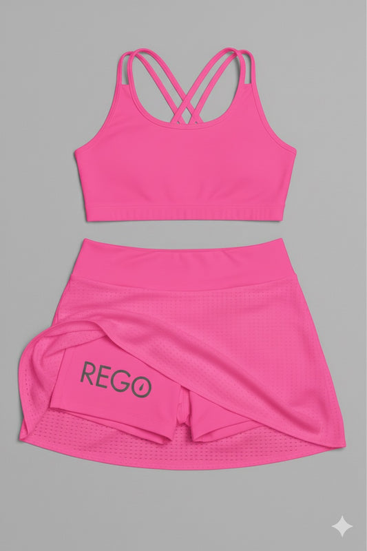 KIT Top doble tirante + Falda Short Rosa Neón